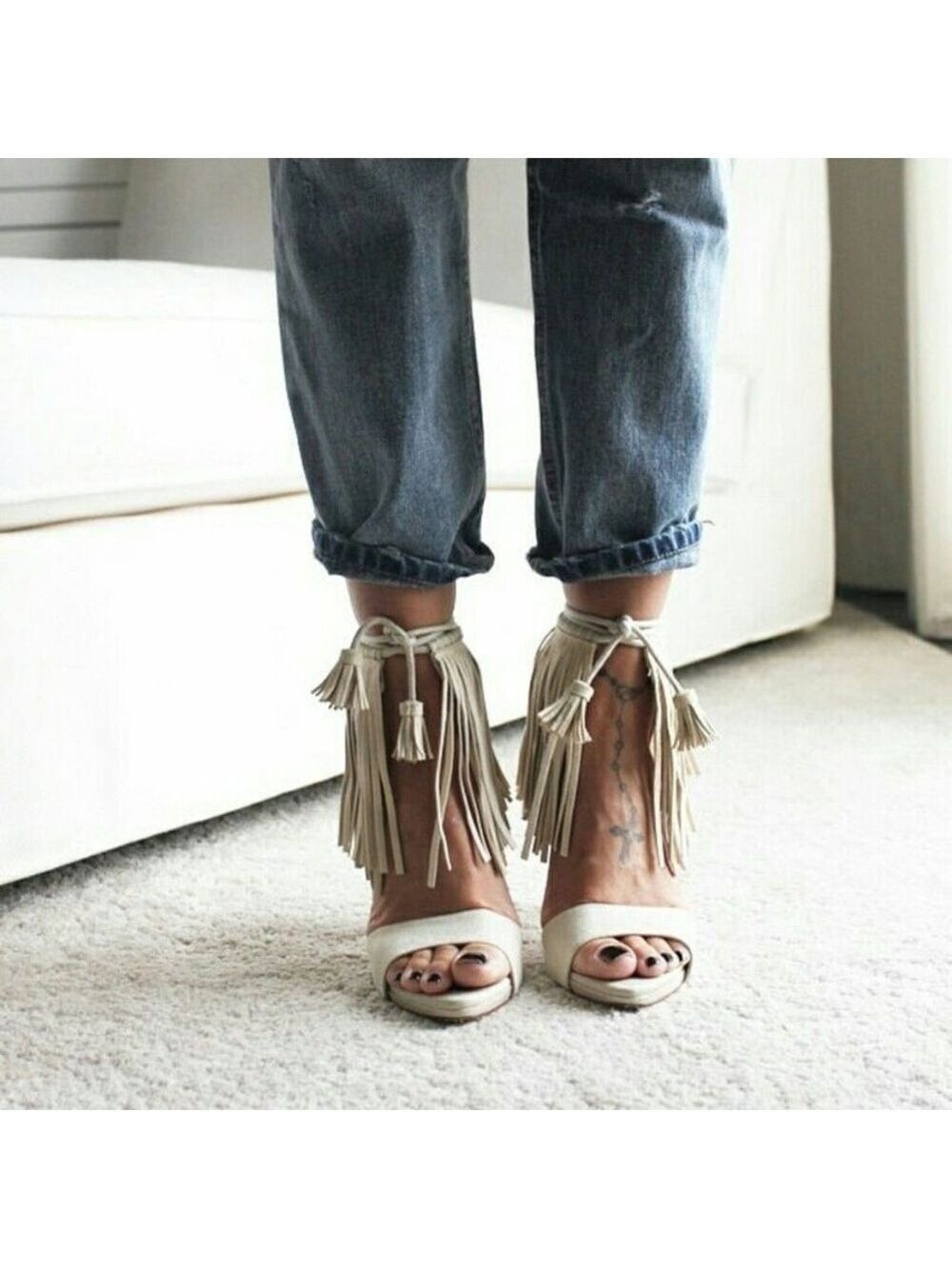 Zara Faux Suede Fringe Tassel Tie High Heel Sandals in Bone/Cream - Picture 5 of 15